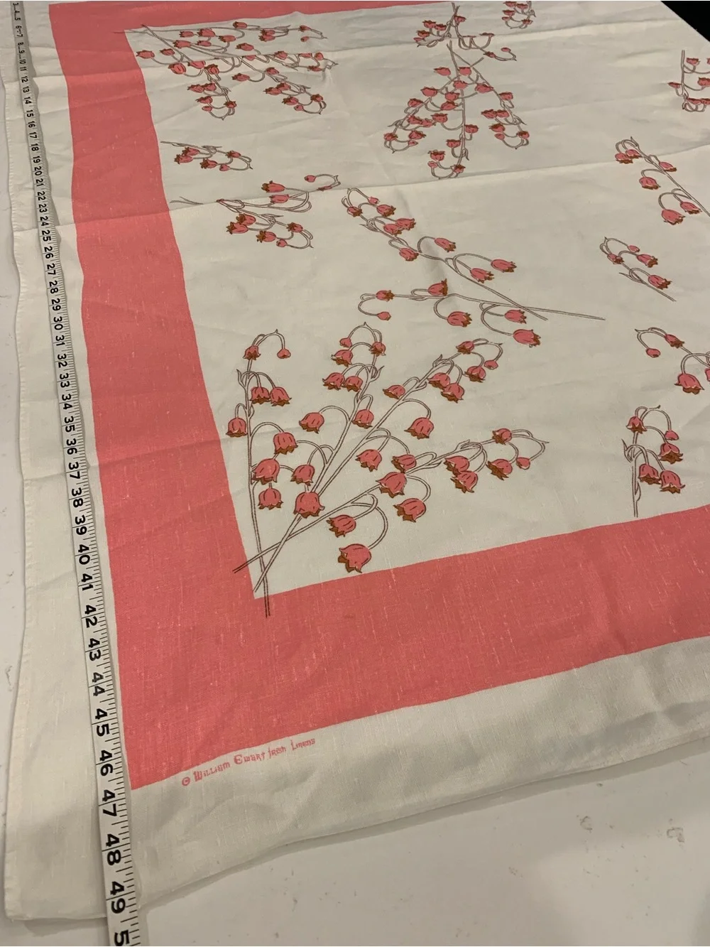 Vintage Linen Tablecloth White w/ Pink Lilies By William Ewart Irish Linens 65”